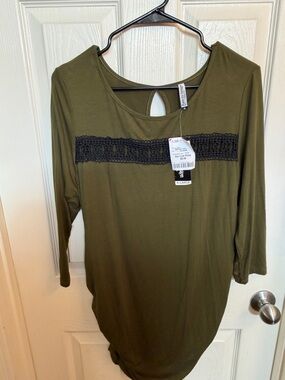 Women’s Olive Long-Sleeve Scoop Neck Top with Black Lace Accent